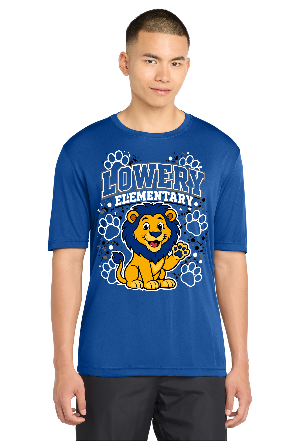 Lowery Elementary Royal Blue Dri Fit T Shirt - Waving Lion Design