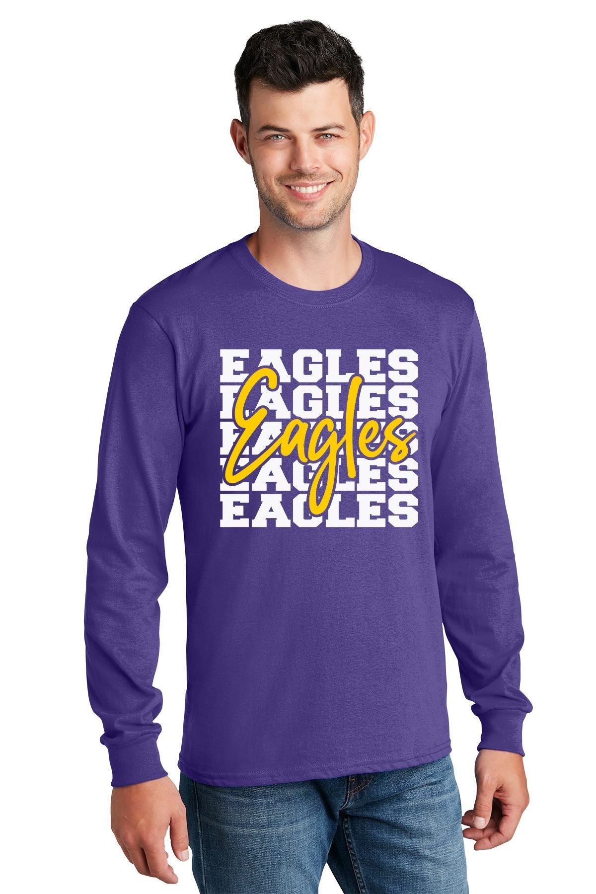 Dutchtown Primary Purple Long Sleeve T Shirt with Eagles Word Logo