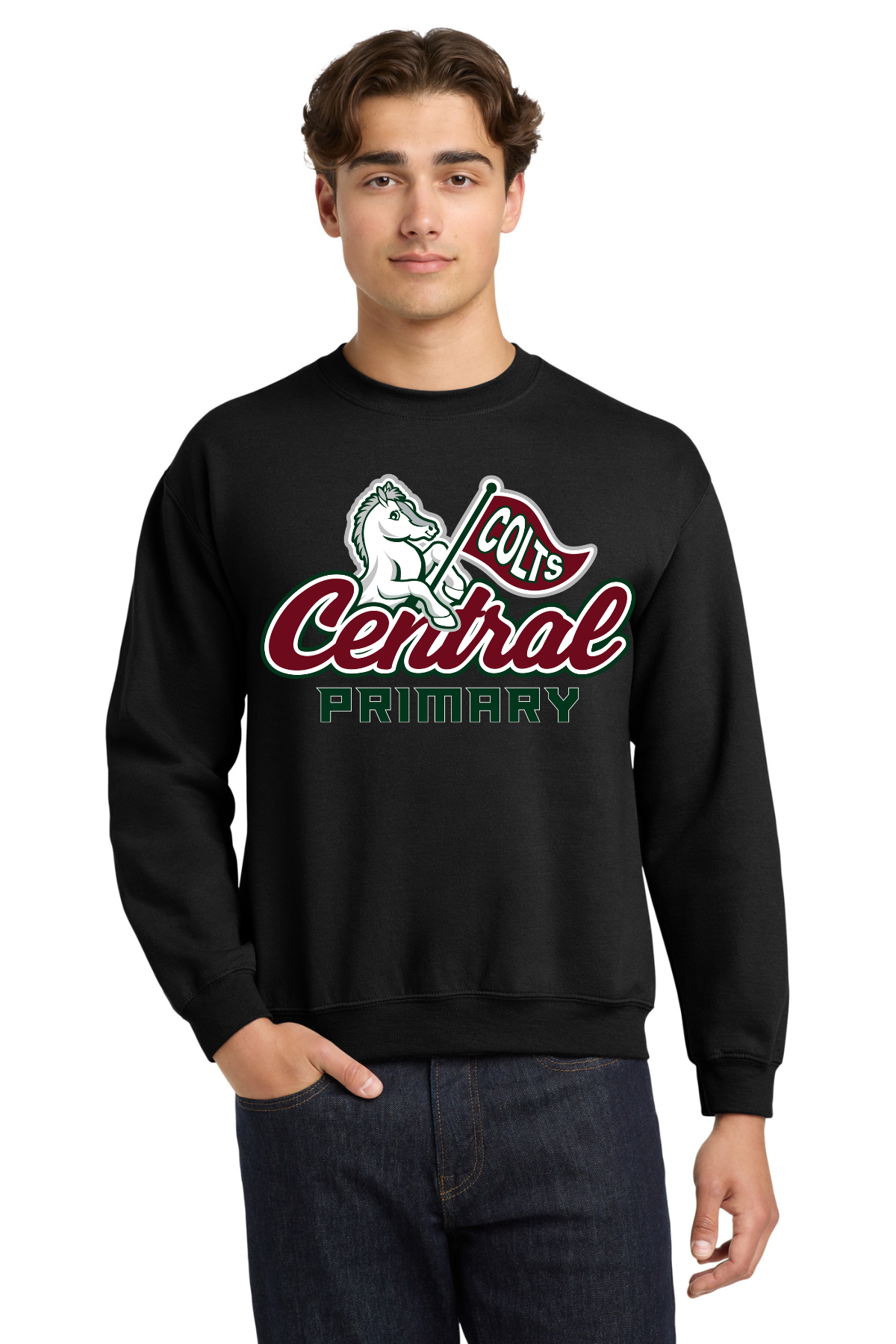 Central Primary Black Crewneck Sweatshirt -Full Front Logo
