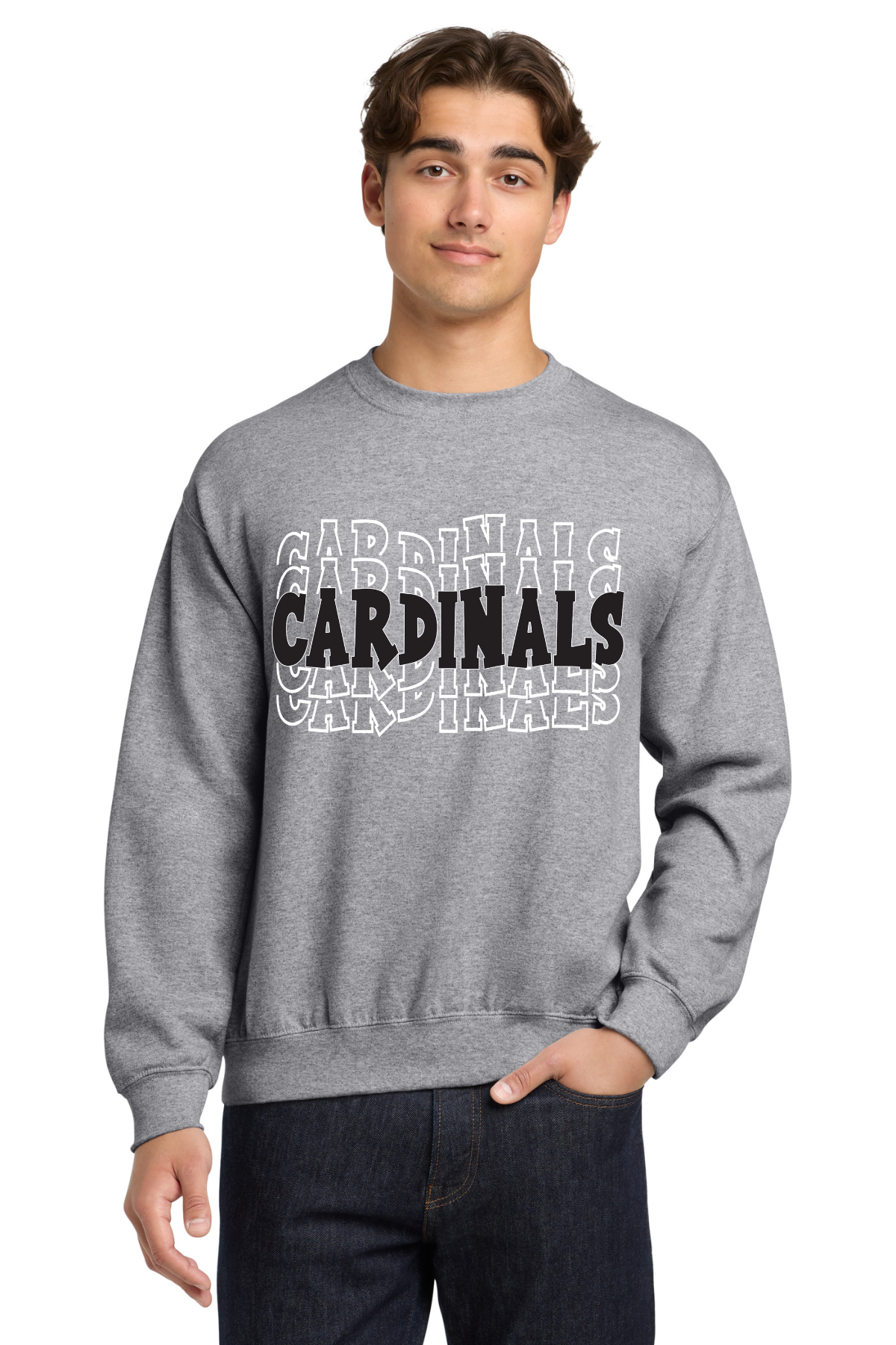 Prairieville Primary Cardinal Word Design Crewneck Sweatshirt - Sport Grey