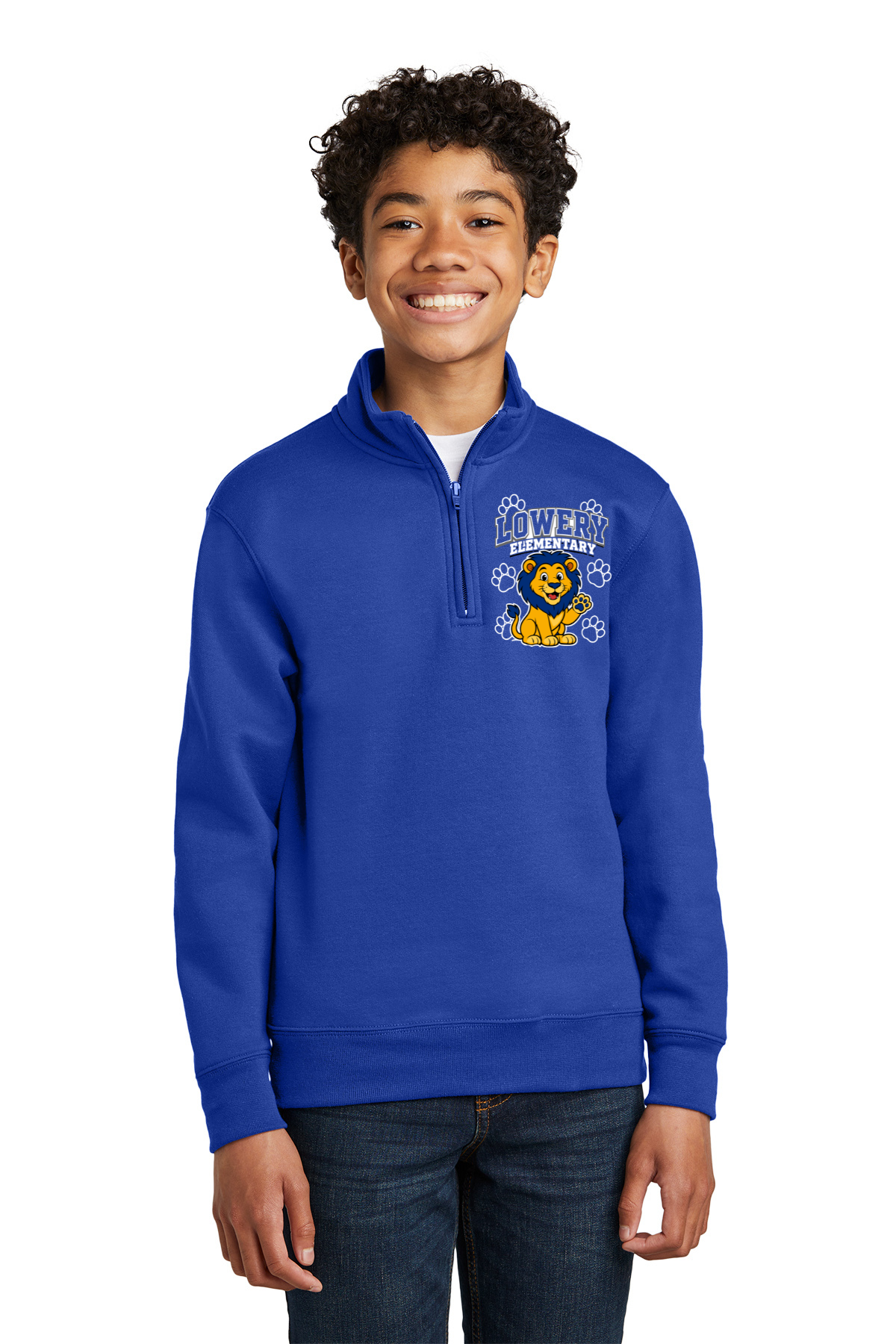 Lowery Elementary Royal Blue Youth Quarter Zip Pullover - Waving Lion Left Chest