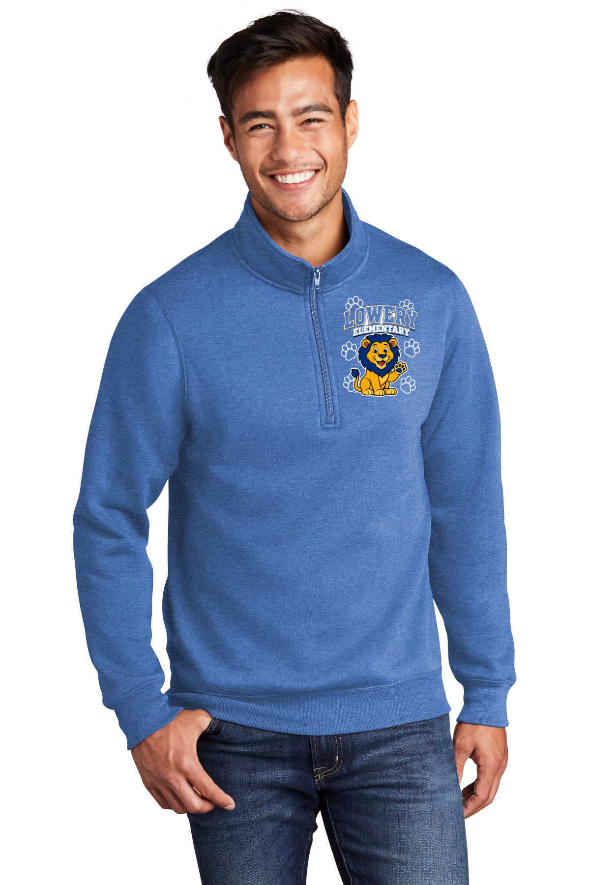 Lowery Elementary Heather Royal Blue Adult Quarter Zip Pullover -Waving Lion Left Chest