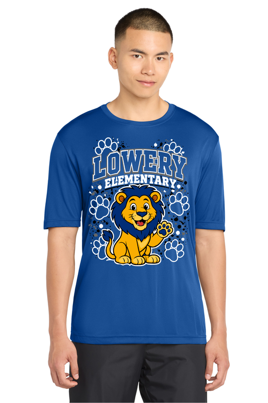 Lowery Elementary Royal Blue Dri Fit T Shirt - Waving Lion Design