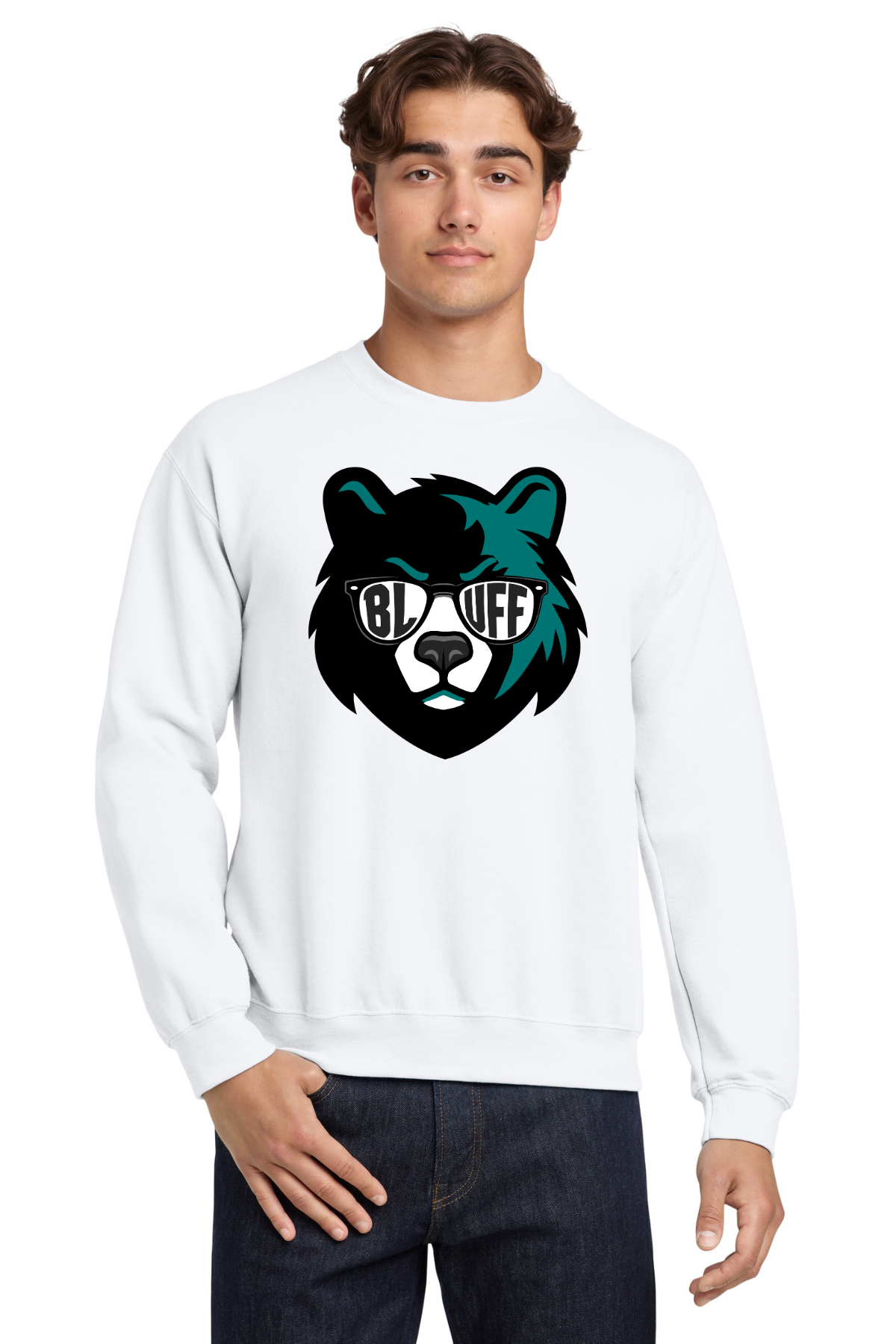 Bluff Middle White Crewneck Sweatshirt - Bear Head Design