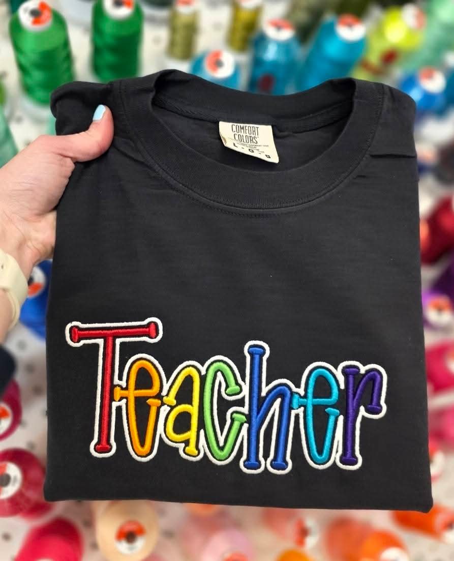 Teacher Puff Embroidered T Shirt (Black)